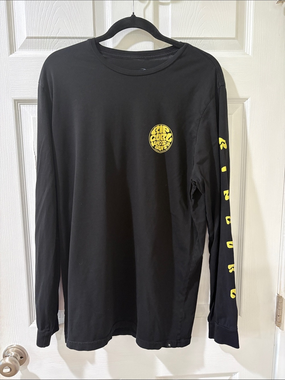 Rip Curl Black Long Sleeve Tee with Yellow Logo and Sleeve Script sz L
